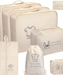 8 Set Travel Packing Organizers- Luggage Organizer for Suitcase Organization with Hanging Toiletry, Shoe & Laundry Bags, Packing Cubes for Travel Essentials, Cute Gifts for Women, Beige
