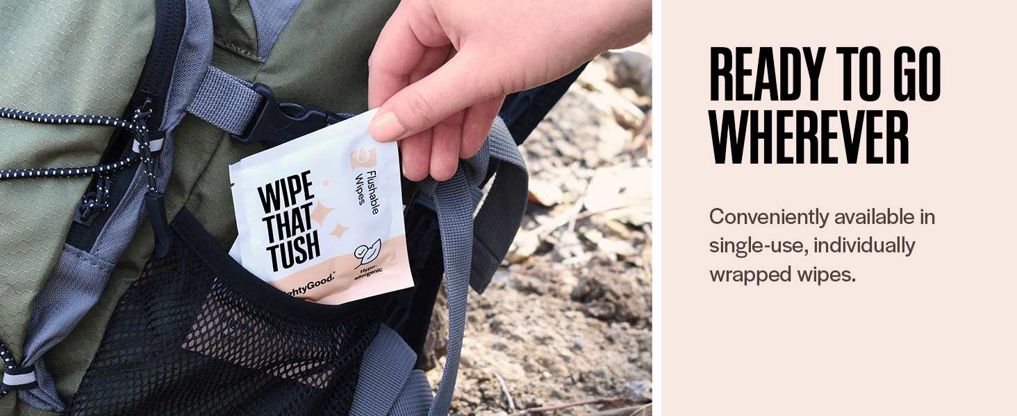 Individually Wrapped wipe being pulled out of a hiking backpage with headline &amp;#34;Ready to go wherever&amp;#34;
