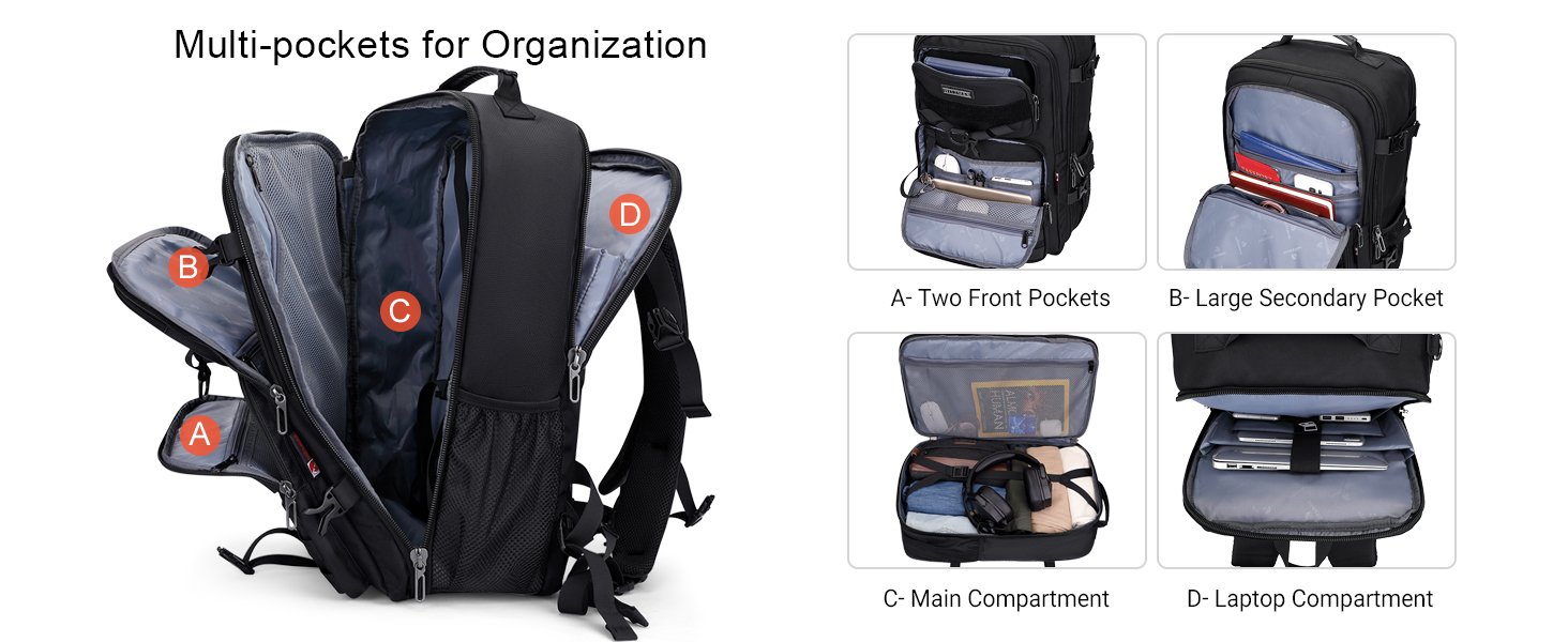 WITZMAN Carry On Travel Backpack for Men Women Large Convertible 45L Nylon Backpack