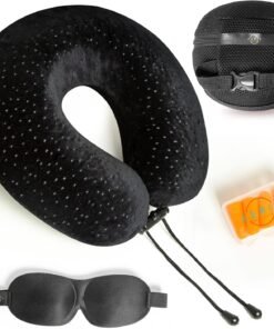 Aeris Memory Foam Travel Pillow for Airplanes - Best Airplane Neck Pillow for Long Flights - Plane Accessories Carry Bag to Save Space, Ear Plugs and Eye Mask - Perfect Flight Set & Gift