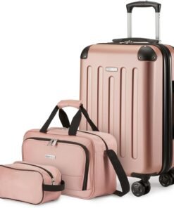 Amazon Basics 3-Piece Luggage Set, Including One 22" Expandable Hardside Suitcase With 8 Spinner Wheels, One 15-inch Tote Bag, and One 10-inch Compact Travel Bag, Rose Gold