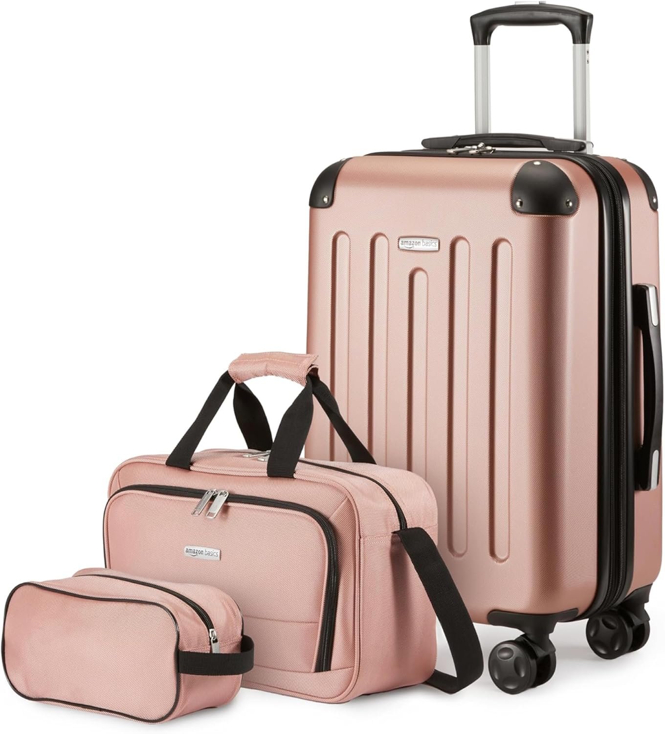Amazon Basics 3-Piece Luggage Set, Including One 22" Expandable Hardside Suitcase With 8 Spinner Wheels, One 15-inch Tote Bag, and One 10-inch Compact Travel Bag, Rose Gold