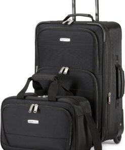 Amazon Basics Softside Luggage Set, 23-Inch Expandable Suitcase with Wheels and 15-Inch Tote, Extra Space (+15%), Front Pockets, Telescopic Handle, Black