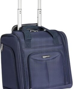 Amazon Basics Underseat Carry-On Luggage with Wheels and Handle, 14" Rolling Travel Bag, Fits Overhead Bins, Organized Compartments, Navy