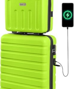 AnyZip Suitcase, 20" Carry On Luggage 14" Mini Cosmetic Cases Luggage Sets Hardside PC ABS Lightweight USB Suitcase with Wheels TSA (2 Piece Set 14/20, AppleGreen)