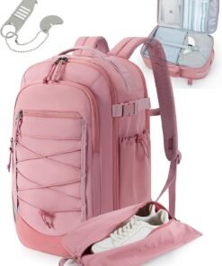 BAGSMART Carry On Backpack, 17.3 Inch Large Travel backpack Carry On Flight Approved, Personal Item Backpack Travel Bag With Shoe Bag, 27L Water Resistant Casual Daypack, Pink
