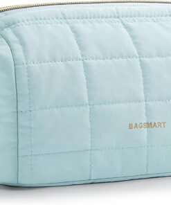 BAGSMART Makeup Bag Travel Toiletry Bag, Puffy Padded Make Up Bags for Women Makeup Organizer Case, Wide-open Pouch Purse Travel Essentials Toiletries Accessories Brushes, Light Blue
