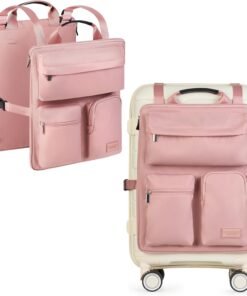 BAREFOOT CARIBOU Over Luggage Organizer for Carry On Bag or Suitcase with Storage Pockets, 16” Laptop Sleeve with Handle, Travel Accessories Bag Slide On Luggage Harness with Adjustable Straps (Pink)