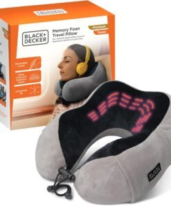 BLACK+DECKER Memory Foam Neck Pillow with Phone Pocket – Travel Pillow for Airplane, Car & Train – Ergonomic Neck Support, Washable Cover, Universal Fit,Black