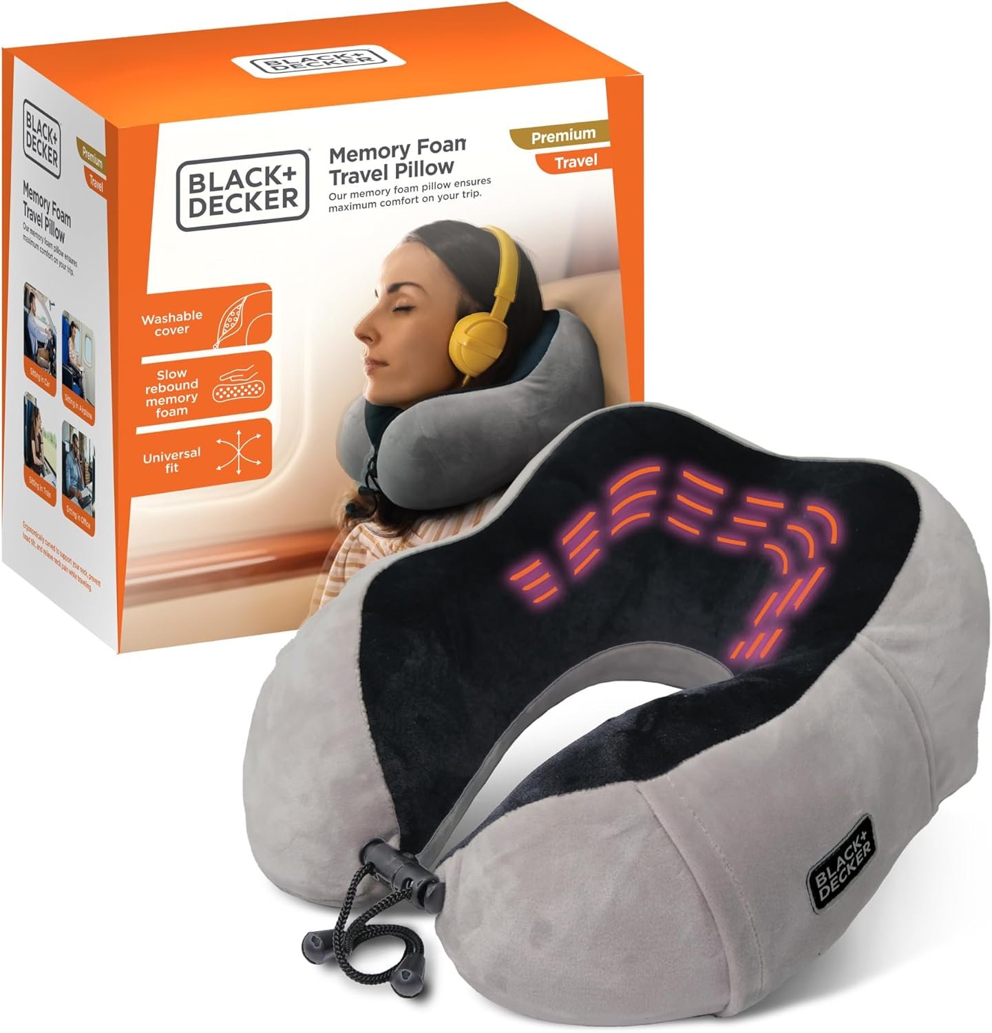 BLACK+DECKER Memory Foam Neck Pillow with Phone Pocket – Travel Pillow for Airplane, Car & Train – Ergonomic Neck Support, Washable Cover, Universal Fit,Black