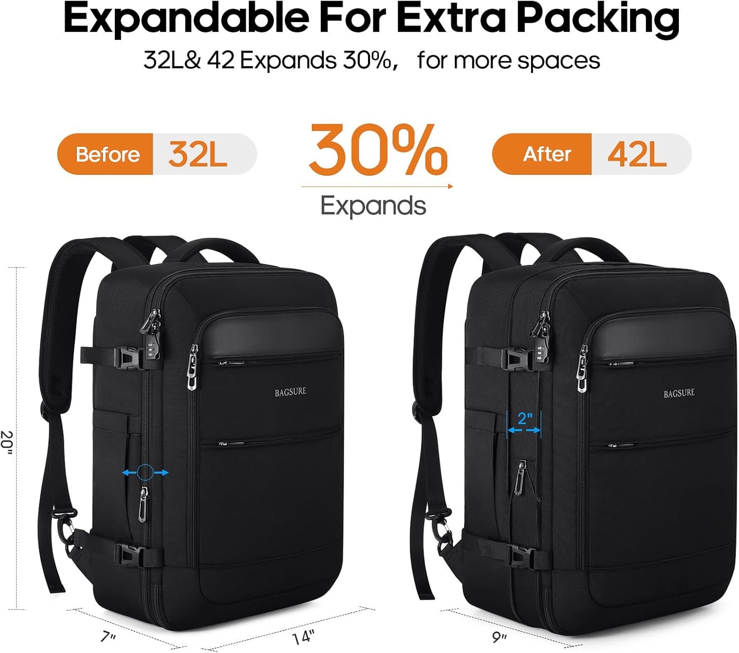Bagsure Travel Backpack Carry On Backpack 42L Flight Approved Expandable Laptop Backpack with Packing Cubes Shoe Pocket Water Resistant Luggage Backpack for Men Women Large Backpack 20 14 7.jpg