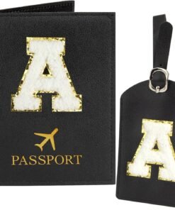 Black Passport Holder for Travel Essentials for Women Initial Luggage Tags for Suitcase PU Leather Passport Cover International Travel Must Haves Passport Wallet Waterproof Case Name Tag for Luggage A