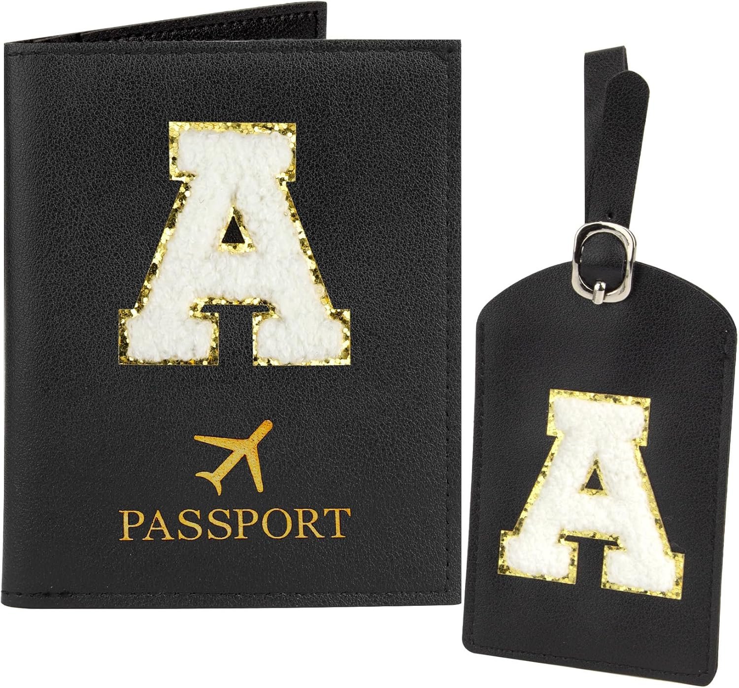 Black Passport Holder for Travel Essentials for Women Initial Luggage Tags for Suitcase PU Leather Passport Cover International Travel Must Haves Passport Wallet Waterproof Case Name Tag for Luggage A