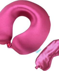 Bliss Neck Pillow Set - Lightweight U-Shaped Memory Foam Satin Travel Neck Pillow with Snap Closure and Matching Eye Mask for Airplane, Car, Office, and Camping, Size One Size, Magenta