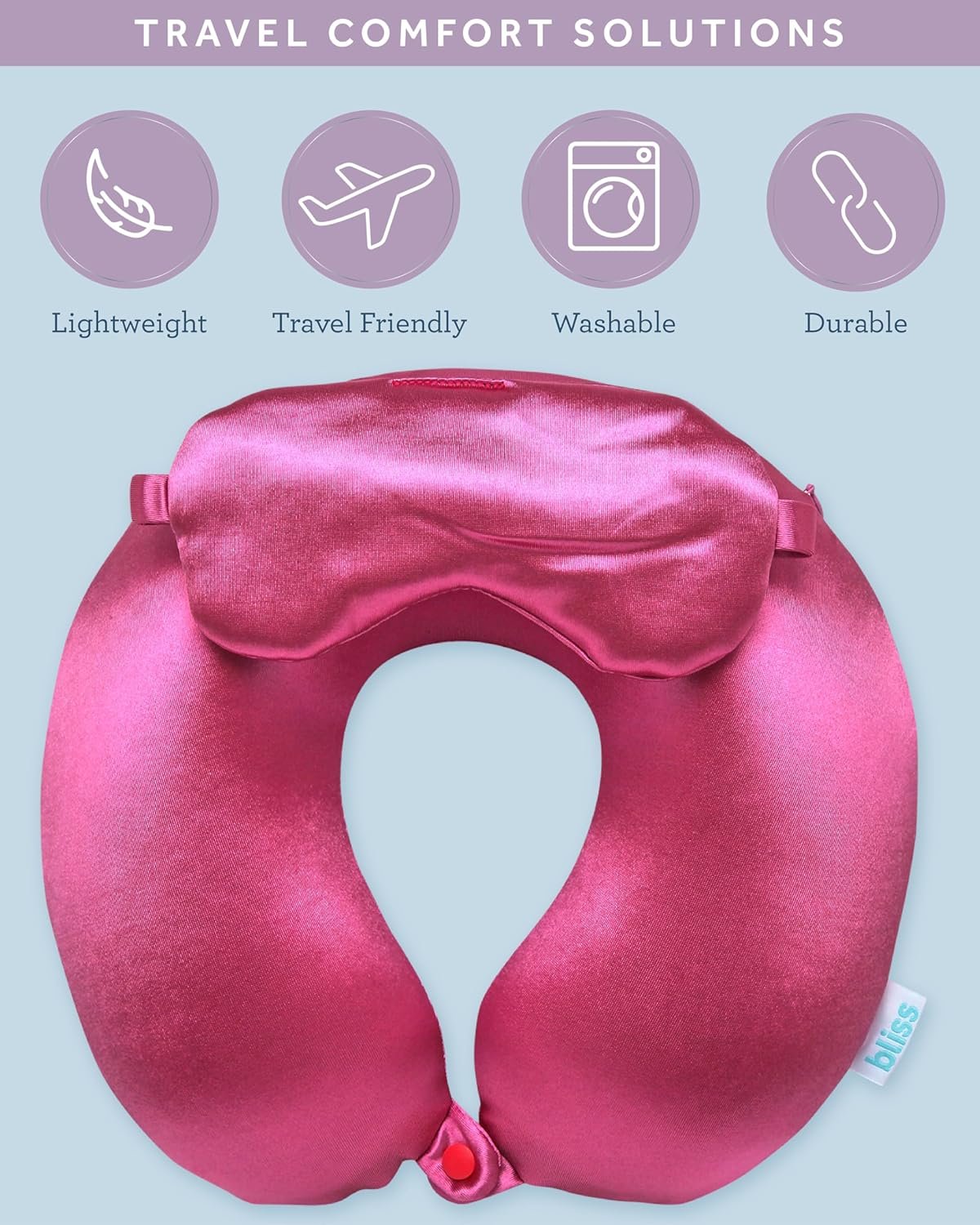 Bliss Neck Pillow Set Lightweight U Shaped Memory Foam Satin Travel Neck Pillow with Snap Closure and Matching Eye Mask for Airplane Car Office and Camping Size One Size Magenta.jpg