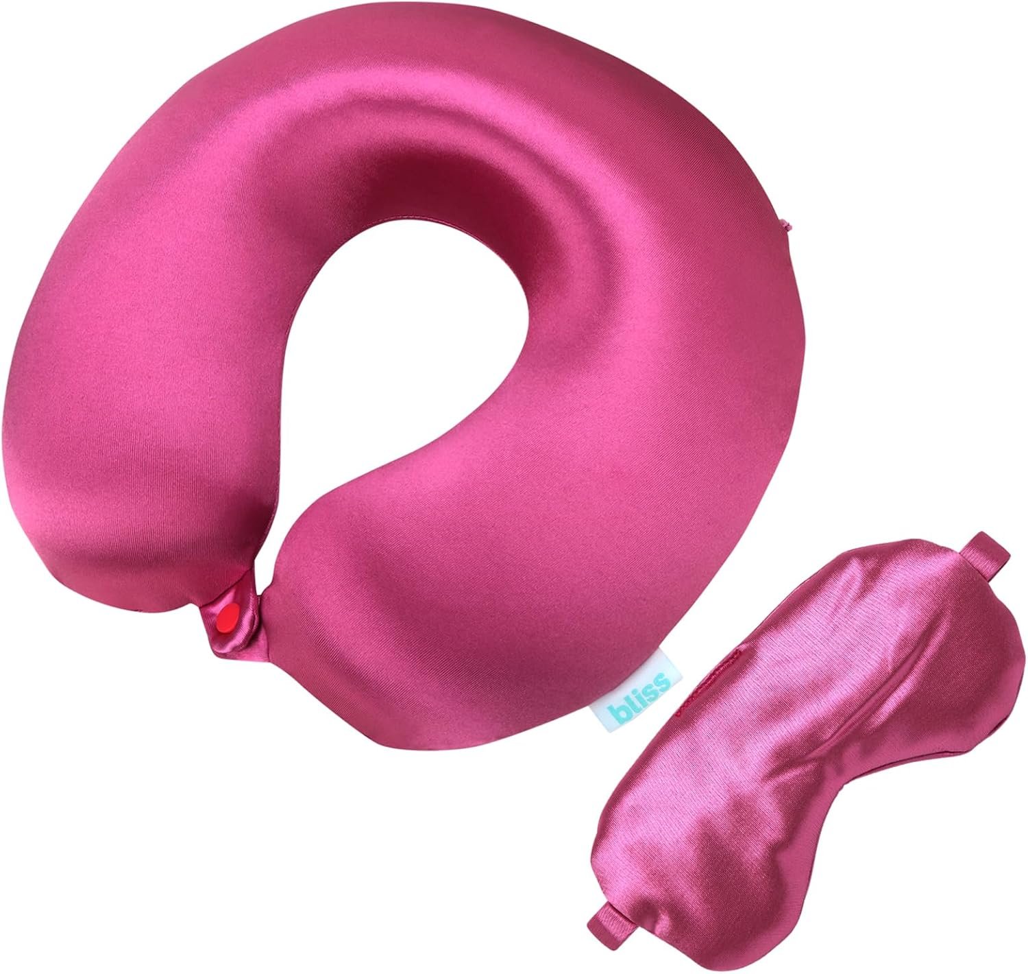 Bliss Neck Pillow Set - Lightweight U-Shaped Memory Foam Satin Travel Neck Pillow with Snap Closure and Matching Eye Mask for Airplane, Car, Office, and Camping, Size One Size, Magenta