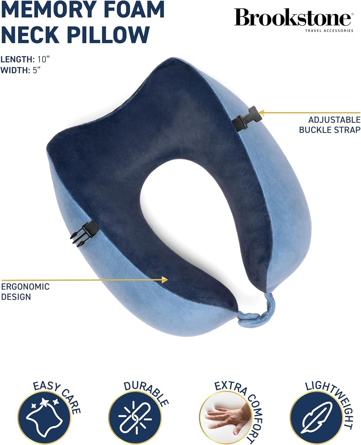 Brookstone Memory Foam Neck Travel Pillow Set Portable Lightweight U Shaped Stuffable Travel Neck Pillow for Car Airplane Travels and Sleep Size One Size Blue.jpg