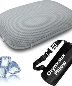 Cooling Camping Pillow, Memory Foam Travel Pillow with Adjustable Buckle Strap & Storage Bag, Compact Small Pillow for Airplane, Car Lumbar, Office, Washable Cooling Cover, Quarry Grey