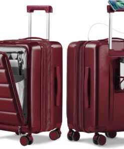 Expandable 20Inch Carry On Luggage Airline Approved - Front Pocket Travel Suitcase 100% PC Unbreakable -with Cup Holder,USB Charge,Side Pothook, 360°Spinner Wheels, TSA Lock-Wine Red