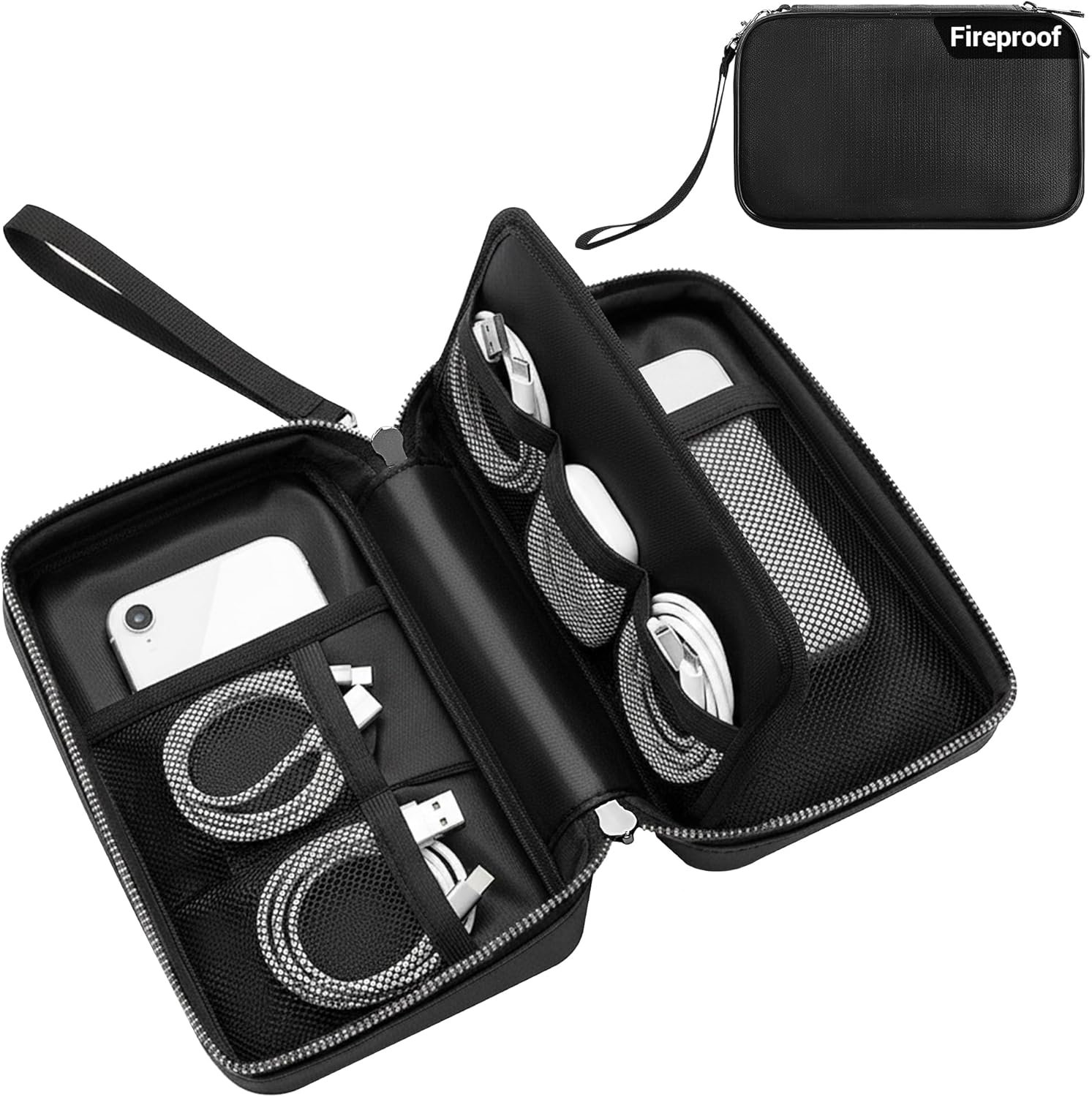 Fireproof Electronics Organizer Travel Case, Water Resistant Tech Accessories Pouch, Explosion-proof Cord Storage Bag with Fireproof Zipper for Phone, Power Bank, Cables, USB, Black