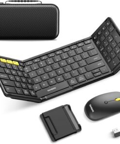 Foldable Keyboard and Mouse, Samsers Folding Bluetooth Keyboard Combo, 2.4G + BT5.0 x 2, Full-Size Portable Travel Keyboard & USB-C Rechargeable Wireless Mouse for iOS Android Windows Mac OS