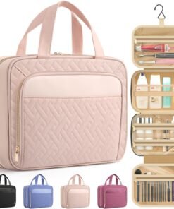 HOTOR Travel Toiletry Bag for Women & Men, Waterproof Makeup Bag with Hanging Hook and Multiple Pockets, Cosmetic Bags for Women, Travel Essentials, 11.2'' x 3.2'' x 8.9'', Pale Pink