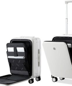 Hanke Grace Hard Shell Suitcases with Wheels,20 Inch Carry On Luggage Airline Approved with Aluminum Frame, Travel suitcase with Front Pocket Travel Luggage for Short Business Trips, Smoke White.