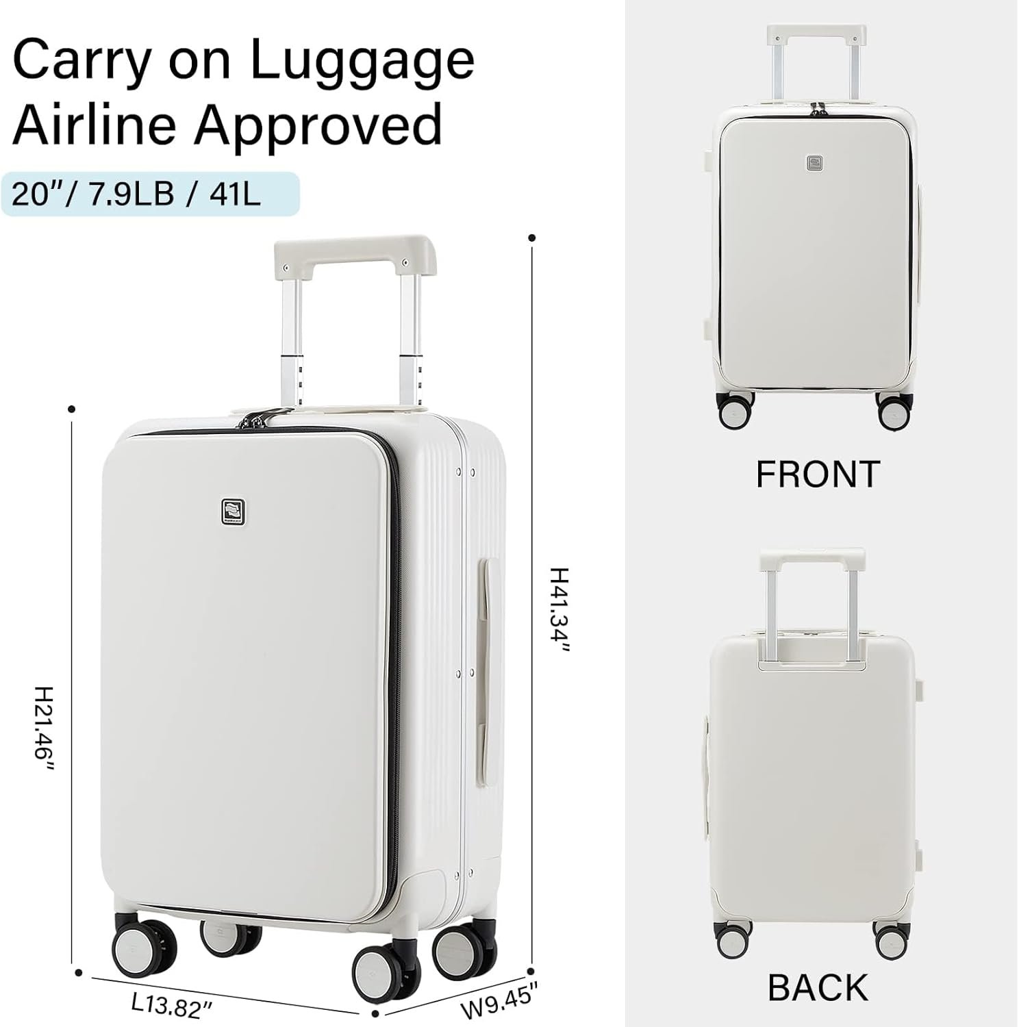 Hanke Grace Hard Shell Suitcases with Wheels20 Inch Carry On Luggage Airline Approved with Aluminum Frame Travel suitcase with Front Pocket Travel Luggage for Short Business Trips Smoke White.jpg