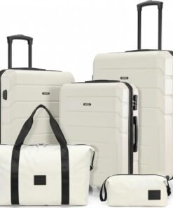 Hoteel Expandable 5 Piece Luggage Set (4-YEARS WARRANTY) ABS+PC Hardshell Carry on Suitcase Silent Universal Wheels & TSA Lock for, Unisex Rolling Suit Case, for Travel, Family, Beige(20/24/28/DB/TB)