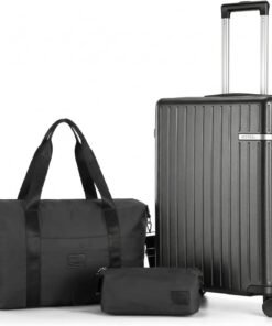 Hoteel Luggage Sets 3 Piece Carry on Luggage with Spinner TSA Lock for Unisex (4-YEAR WARRANTY), ABS+PC Hard Shell Rolling Carry-on Suit Case for Plane, Travel, Business, Gloss Black (20in/DB/TB)