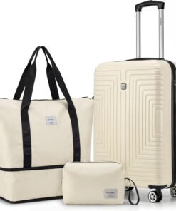 Hoteel Luggage Sets 3 Piece,(4-YEARS WARRANTY) ABS+PC Hardshell Carry On Luggage Airline With TSA Lock,Dual-Spinner Wheel, Expandable Duffle Bag For Lightweight Travel,Business,Beige