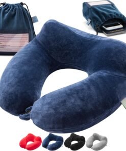 Inflatable Travel Neck Pillow: Extra-Soft, Cushion. For Airplanes, Trains, Cars, Portable Travel Accessory-With Carrying Pouch For cell phone and Passport Etc. (Blue)