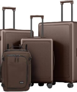 Joyway Luggage Sets 4 Piece with Spinner Wheels, Carry On Luggage 20In with ABS+PC Hardshell, Lightweight Suitcase Set with Travel Backpack and Pressure-resistant Frame, 20/24/28 Inch, Coffee