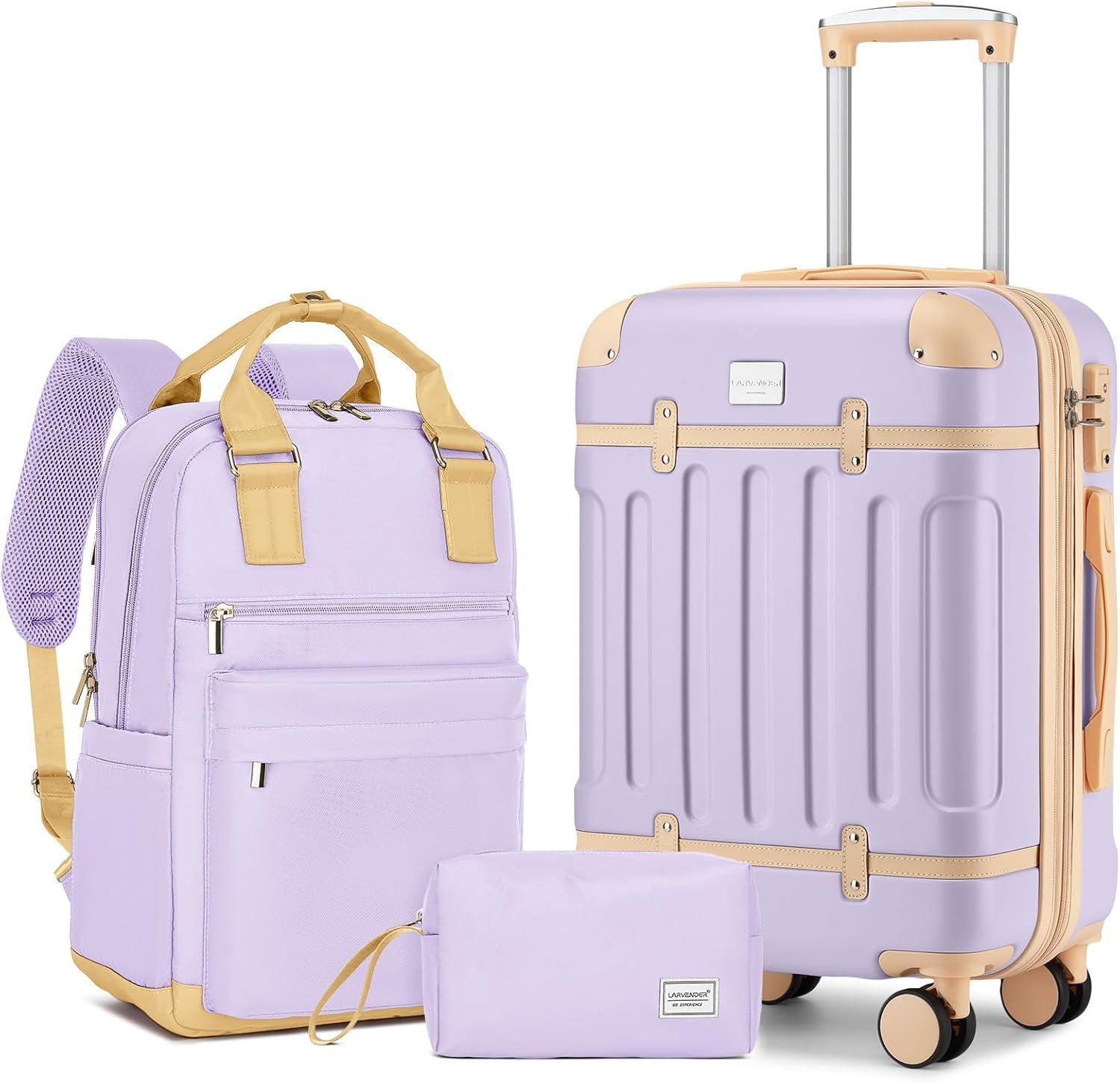LARVENDER Luggage Sets 3 Piece Expandable Carry on Luggage 22x14x9 Airline Approved Hardshell Suitcase with Wheels TSA Lock, Lightweight Suitcase Set for Women with Travel Backpack, Lavender