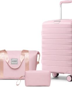 LARVENDER Luggage Sets 3 Piece with Duffel Bag Hardside PP Carry On Suitcase with 360° Spinner Wheels TSA Lock Luggage Sets for Women, Orchid Pink
