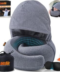 LOEXAIR™ Hooded Pro Travel Pillow - Memory Foam Neck Support Pillow for Airplane, Flight - Super-Soft Pure Cotton Fabric, Maximum Privacy & Light-Block Design, Lightweight Full Travel Kit - Light Grey
