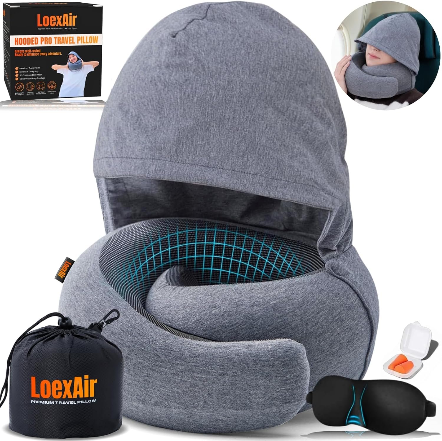 LOEXAIR™ Hooded Pro Travel Pillow - Memory Foam Neck Support Pillow for Airplane, Flight - Super-Soft Pure Cotton Fabric, Maximum Privacy & Light-Block Design, Lightweight Full Travel Kit - Light Grey