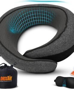 LOEXAIR™ Travel Pillow, Neck Pillow Travel for Airplane, Car - 100% Cotton Fabric & Memory Foam Plane Pillow, Lightweight & Easy-to-Carry on Flight, Full Travel Set (Eye Mask, Earplugs) - Dark Grey