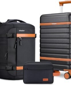 Luggage Sets 3 Piece with Spinner Wheels, Lightweight PC Hardside Suitcase with TSA Lock & YKK Zippers, 20 Inch Carry On Luggage with Travel Bag for Men and Women, Black