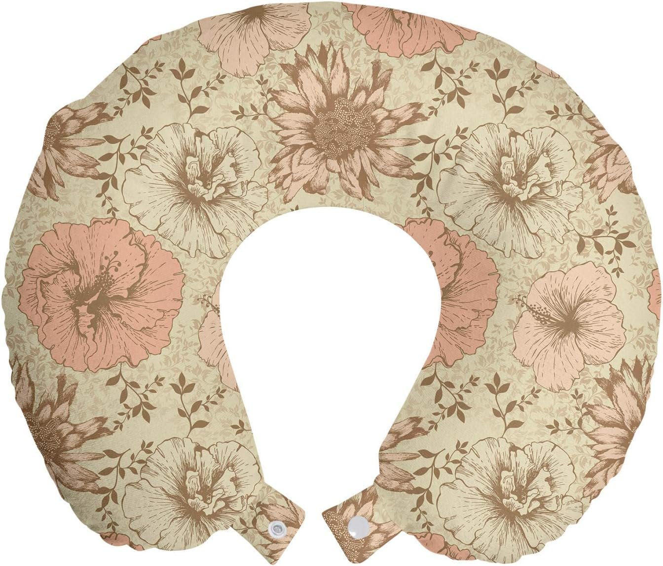 Lunarable Floral Travel Pillow Neck Rest, Retro Pattern on Nostalgic Background Soft Color Vintage Nature Design Print, Memory Foam Traveling Accessory for Airplane and Car, 12", Cream Pink Brown