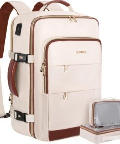 MOSISO 40L Travel Backpack for Women&Men, Flight Approved Carry on Daypack with USB Charging Port&2 Packing Cubes&Shoes Compartment, 17.3 inch Laptop Backpack for Office Work Travel Essentials, Beige