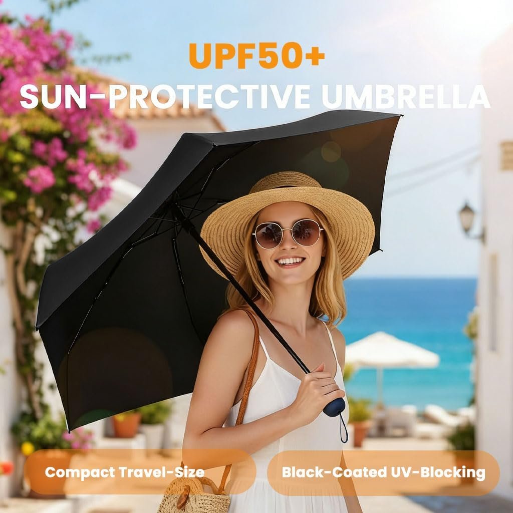 MRTLLOA Travel Essentials Mini Umbrella with Case for Purse Small Compact Lightweight UV Sun Protection Manual OpenClose for Pocket UmbrellaWomenMenKids.jpg
