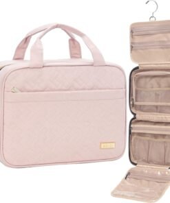 NISHEL Travel Toiletry Bag for women, Portable Hanging Organizer for Travel-Sized Shampoo, Conditioner, Brushes Set, makeup Accessories, Medium Size, Pink