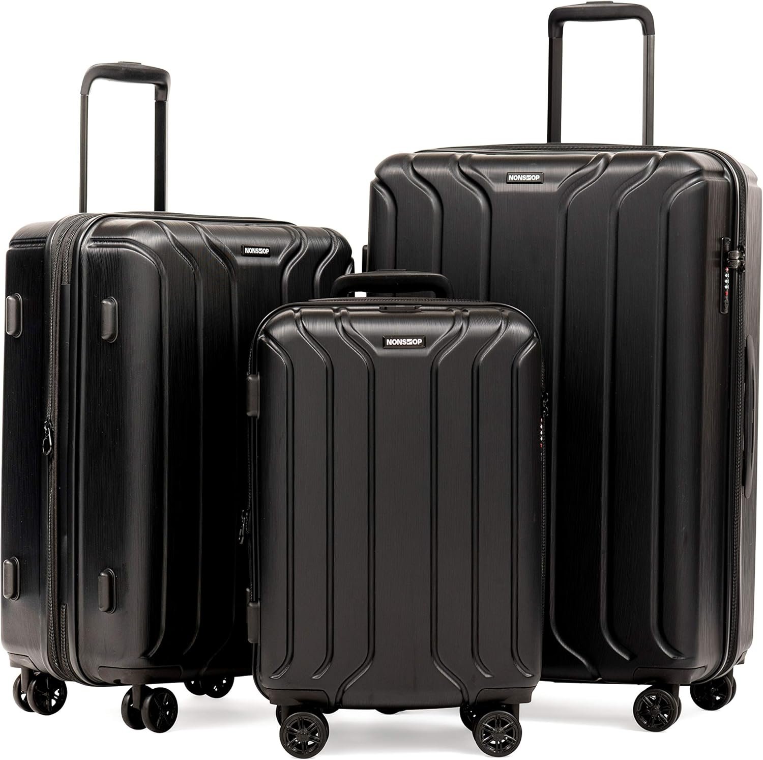 NONSTOP NEW YORK Luggage Expandable Spinner Wheels hard side shell Travel Suitcase Lightweight, TSA Lock, Double USB Port (Black, 3-Piece Set (20/24/28))