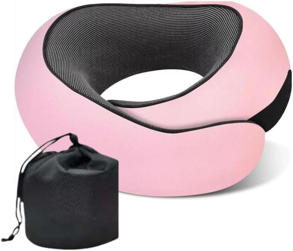 Neck Travel Pillow for Airplanes | 100% Pure Memory Foam Travel Neck Pillow, Comfortable Breathable Cover 360° Support for Flight Headrest Sleep, Cars, Portable Plane Accessories for Adult & Kid -Pink