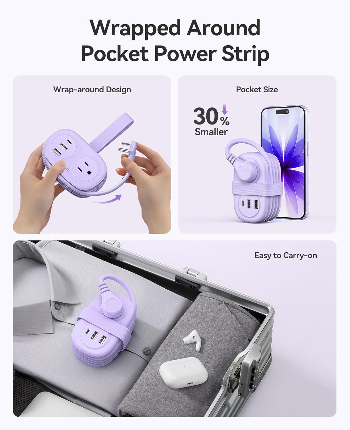 ORICO Cruise Approved Power Strip for Travel 5 in 1 Extension Cord with 2 AC Outlets 2 USB A and 1 USB C Ports 3.7 ft Flat Plug Wrapped Around Power Strip for Cruise Office Hotel Home AP3.jpg