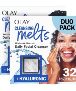 Olay Face Wash, Hyaluronic Acid Cleansing Melts, Fragrance-Free, Daily Use Gentle Cleanser, For All Skin Types, Travel Size, Water-Activated to Clean, Tone, and Refresh, 64ct (2 Pack x 32ct)
