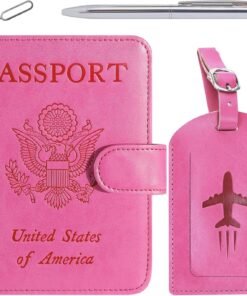 Passport Holder With Luggage Tag Cover Wallet RFID Blocking Leather Case Travel Essentials Accessories Travel Must Have(114#Pink)