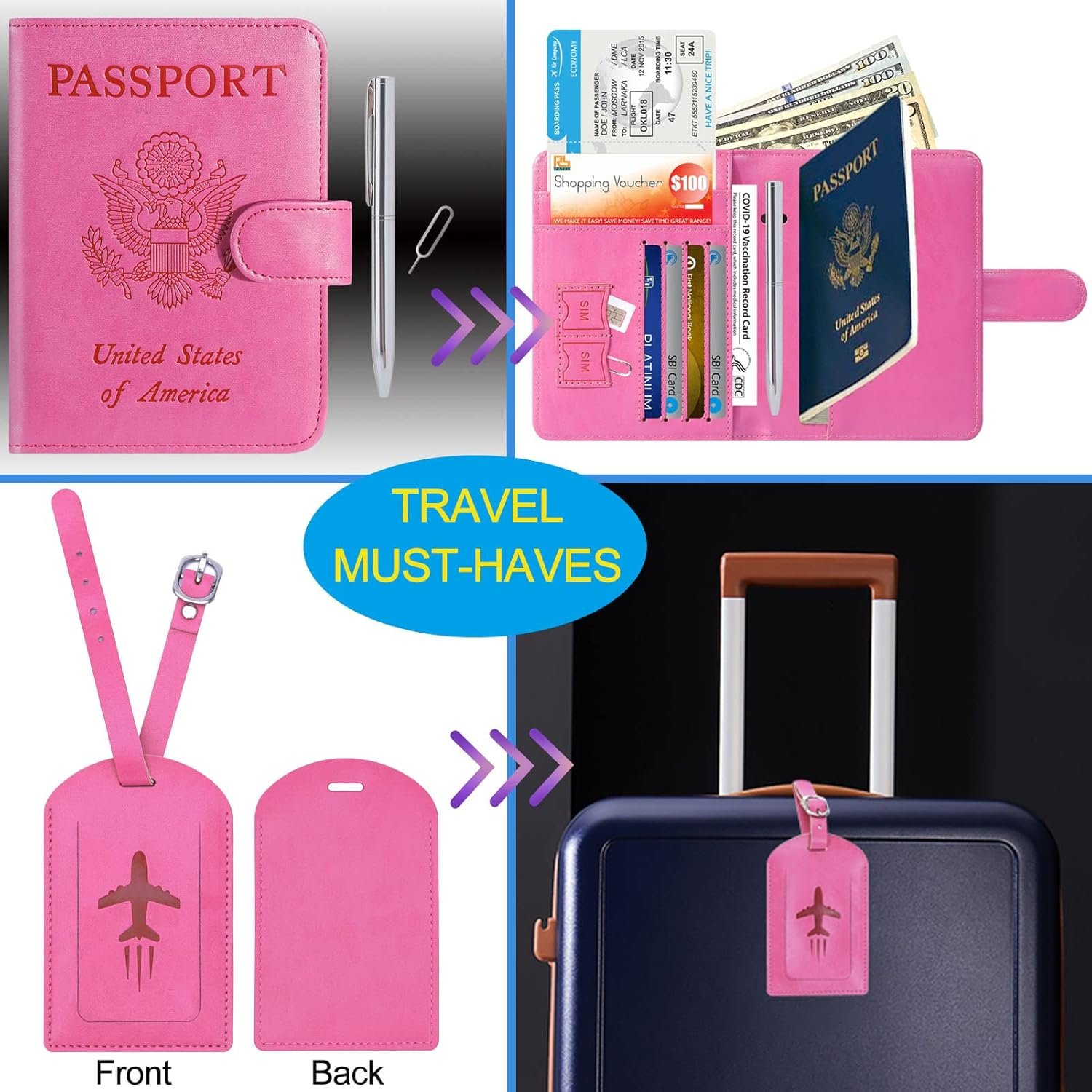 Passport Holder With Luggage Tag Cover Wallet RFID Blocking Leather Case Travel Essentials Accessories Travel Must Have114Pink.jpg