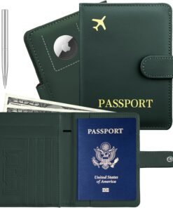 Passport Holder with Airtag Slot Cards Cash Air Ticket Pocket, Travle Gifts for Women Men RFID Blocking Wallet, Passport Book Cover Case Green